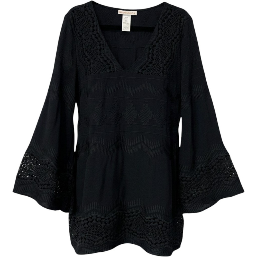 La Blanca Black Crochet Embroidered Bell Sleeve Tunic Swim Cover Up Dress XS